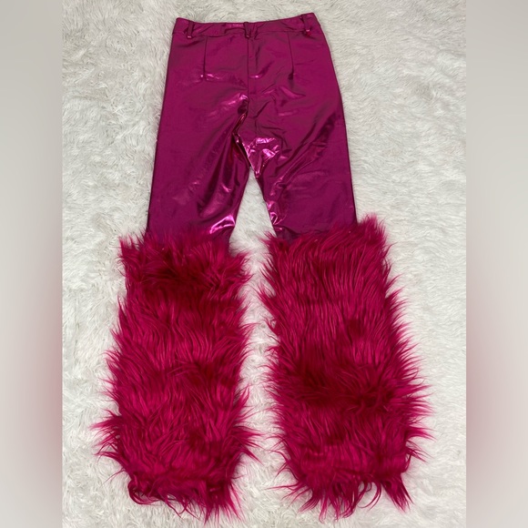 💔SOLD💔 DOLLS KILL Faux Leather Metallic Pants Faux Shag Fur Trim High Waist - Picture 2 of 9